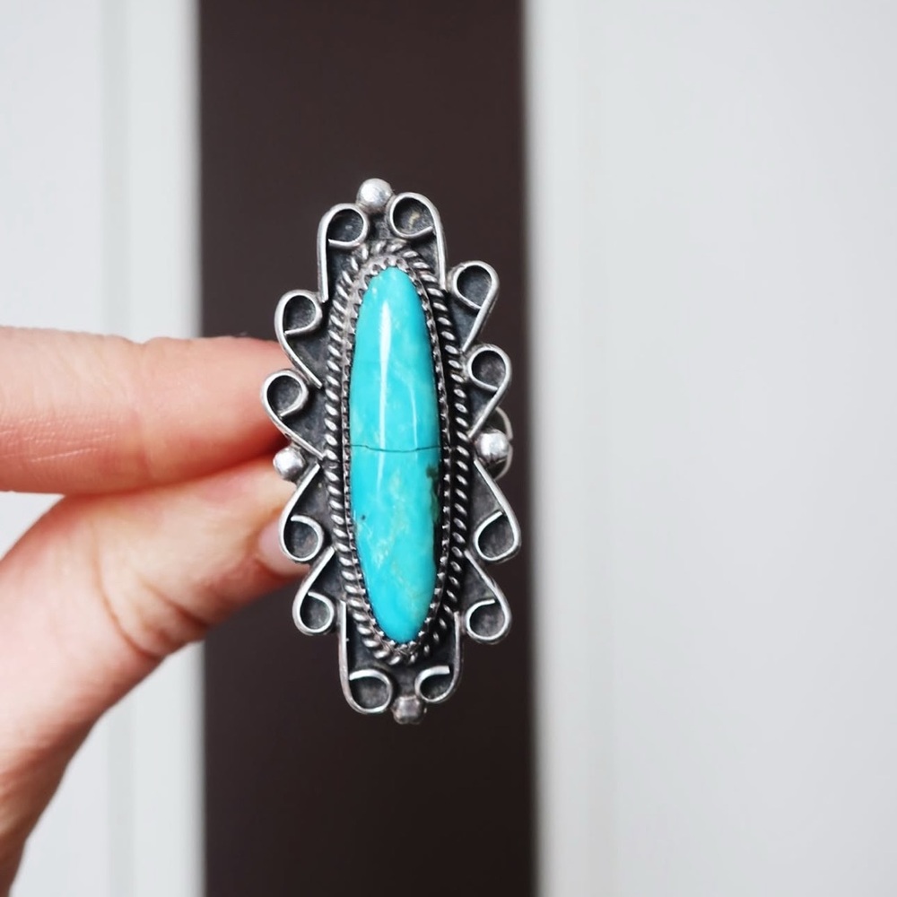 Turquoise Marquise Sterling Silver Statement Ring - Women Jewelry - Size 7